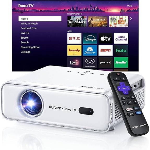 Aurzen Roku TV Smart Portable Projector White